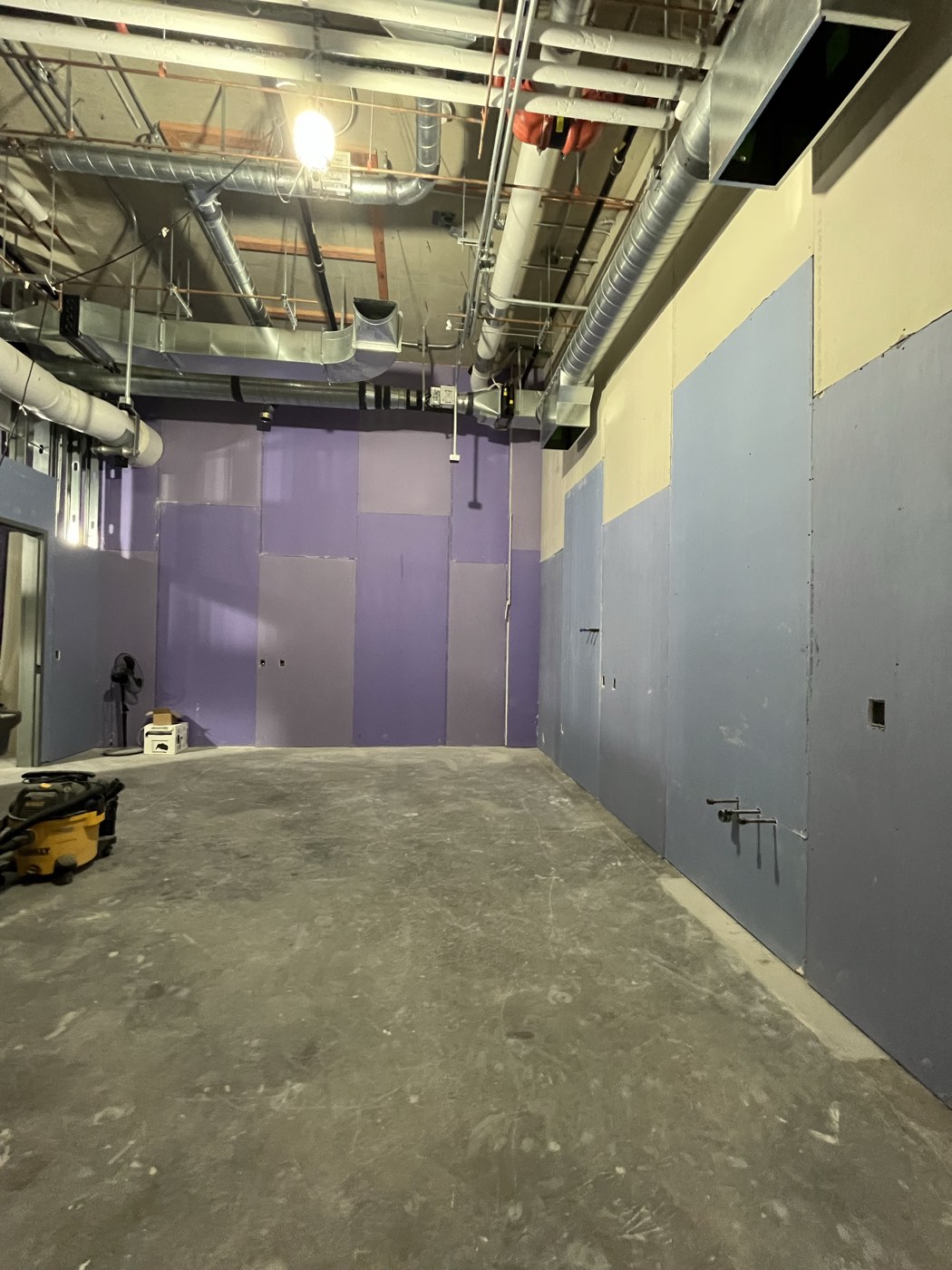 The basement lab space with new partition walls up: fresh drywall in blue and purple board, bare concrete floor, and ductwork and pipe runs installed across the open ceiling.